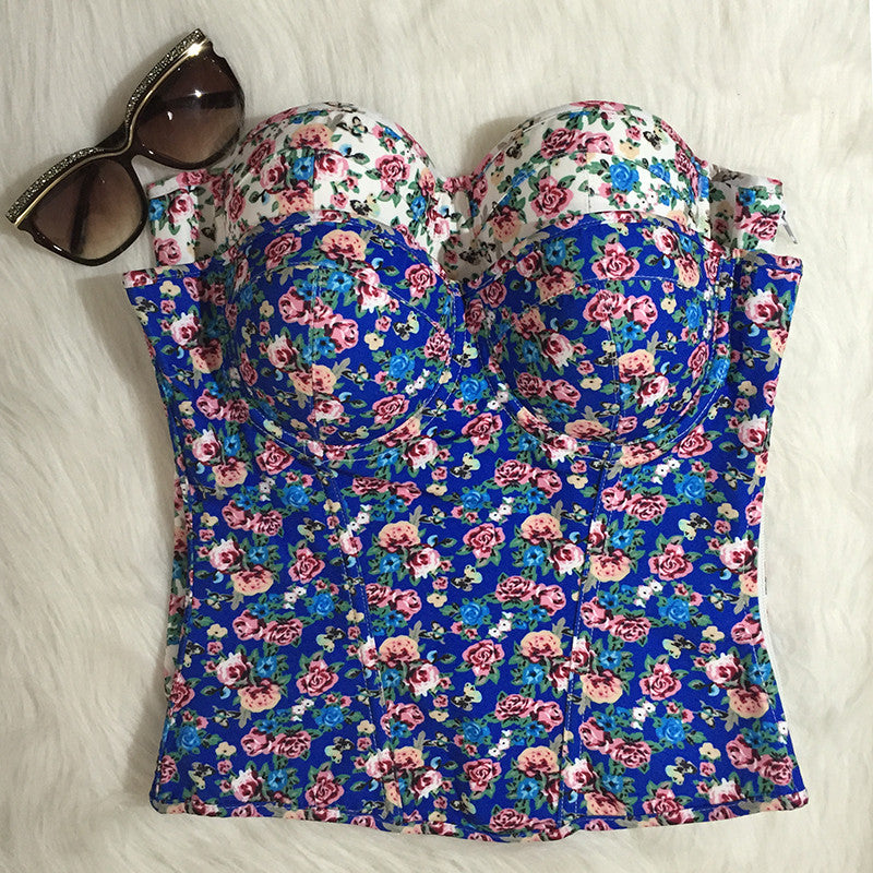 Floral Bandage Zipper Push Up Women's Long Bustier Bralette - Sins & Temptations