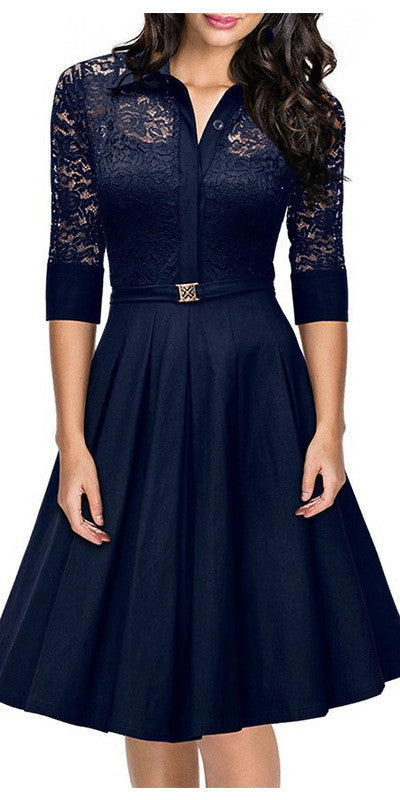 Women Black Blue Lace Dress Party Work Business Skater Dress - Sins & Temptations