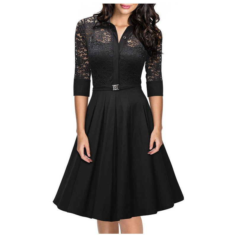 Women Black Blue Lace Dress Party Work Business Skater Dress - Sins & Temptations