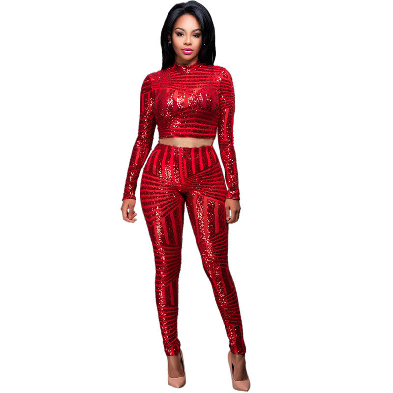 Womens Sequin Jumpsuit Bodysuit Crop Top Two Piece Set Outfits - Sins & Temptations