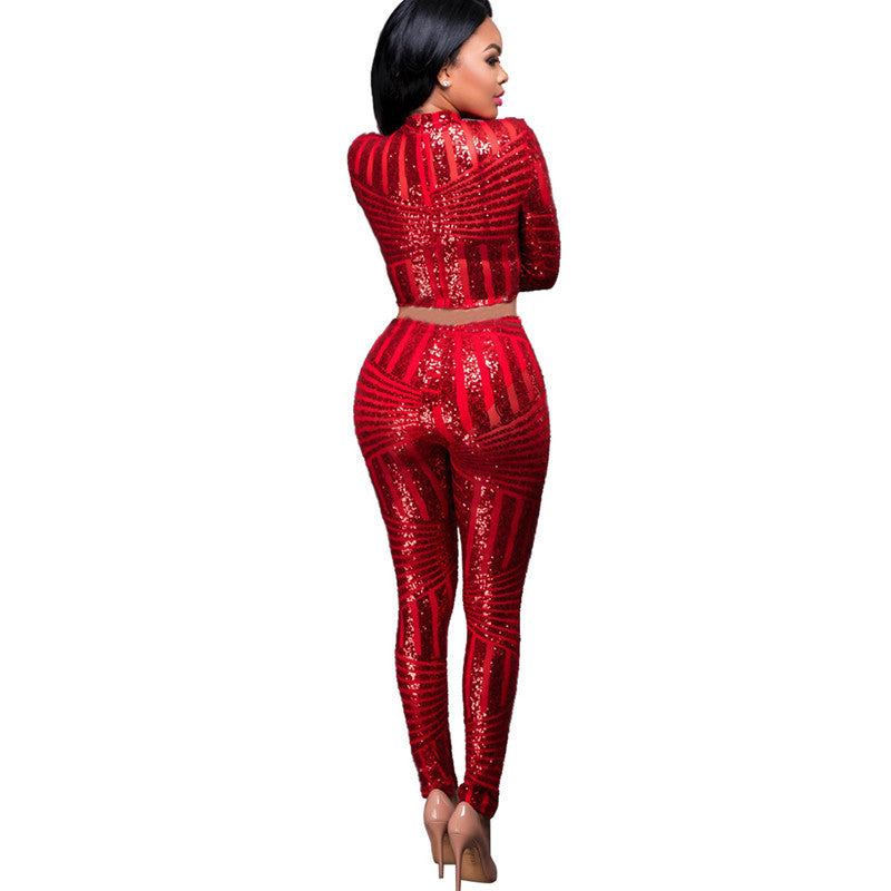 Womens Sequin Jumpsuit Bodysuit Crop Top Two Piece Set Outfits - Sins & Temptations