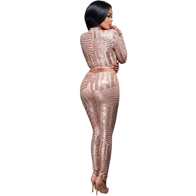 Womens Sequin Jumpsuit Bodysuit Crop Top Two Piece Set Outfits - Sins & Temptations