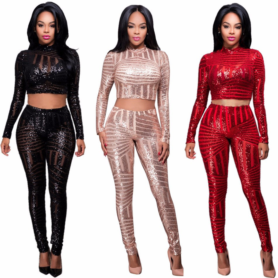 Womens Sequin Jumpsuit Bodysuit Crop Top Two Piece Set Outfits - Sins & Temptations