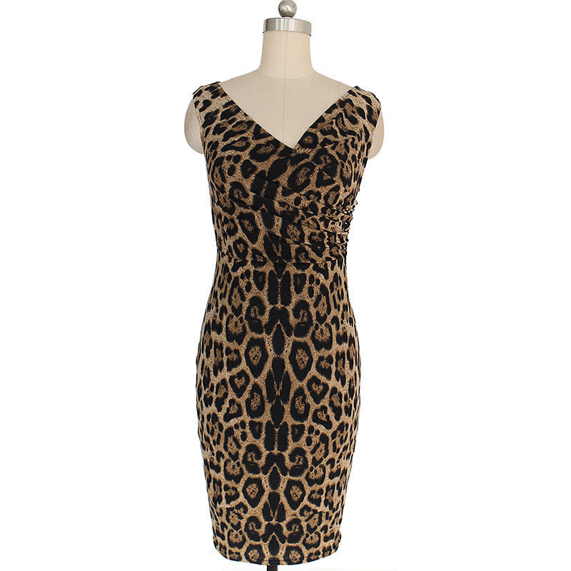 Women Sleeveless V Neck Leopard Pencil Dress Business Party Printed Bodycon Dress - Sins & Temptations