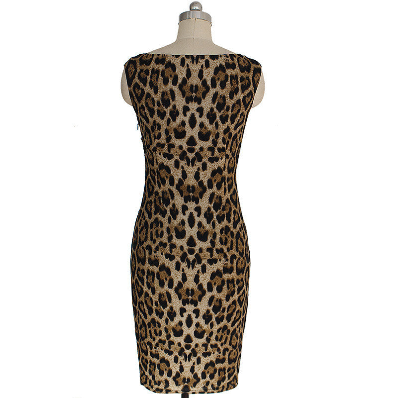 Women Sleeveless V Neck Leopard Pencil Dress Business Party Printed Bodycon Dress - Sins & Temptations