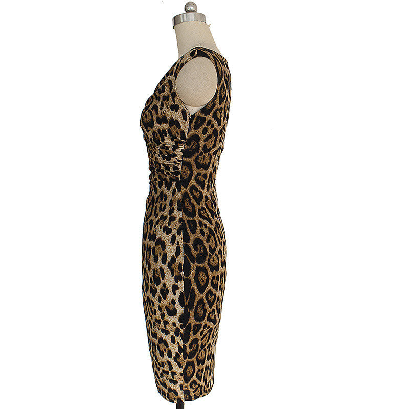 Women Sleeveless V Neck Leopard Pencil Dress Business Party Printed Bodycon Dress - Sins & Temptations