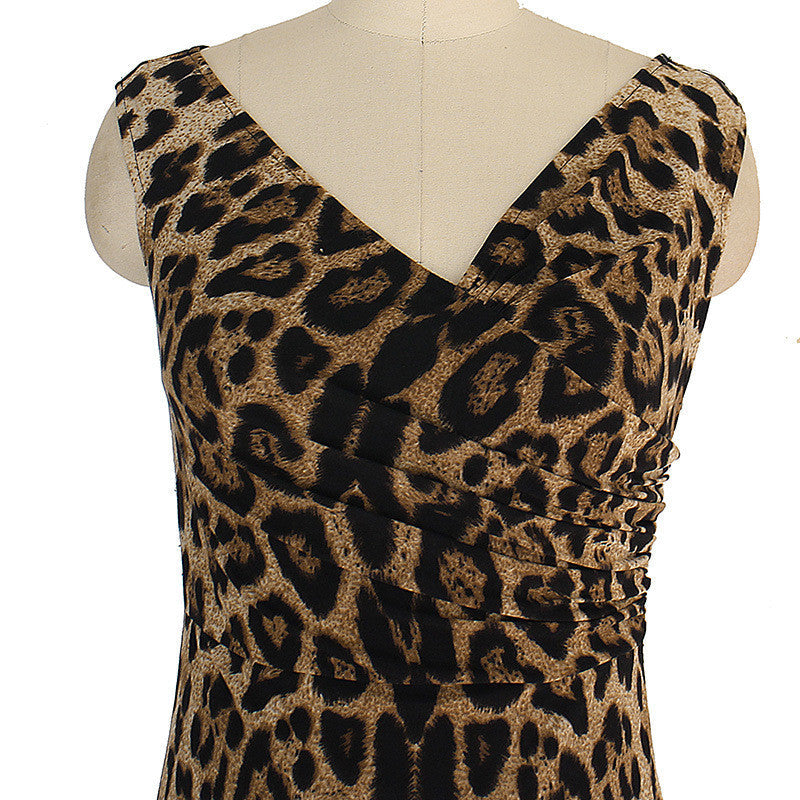 Women Sleeveless V Neck Leopard Pencil Dress Business Party Printed Bodycon Dress - Sins & Temptations