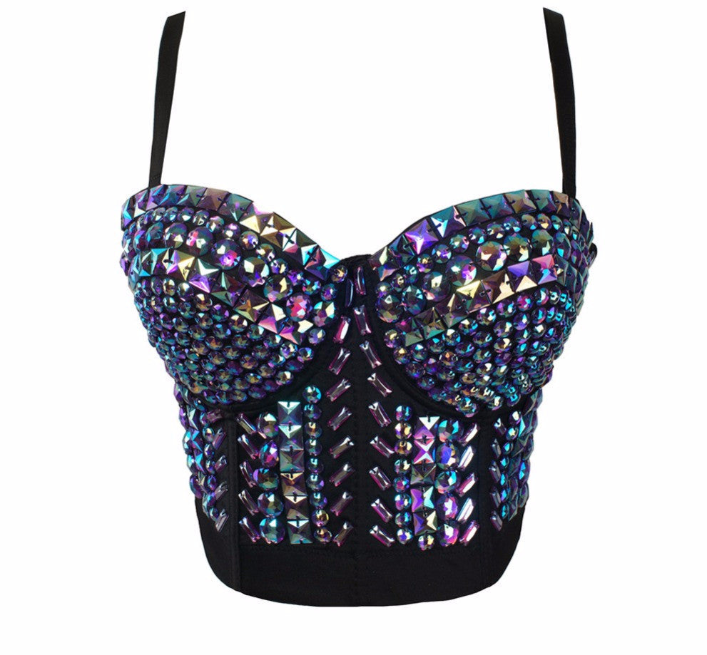 Unique Gold Purple Rhinestone Bustier Pearls Diamond Push Up Night Club Bralette - Sins & Temptations