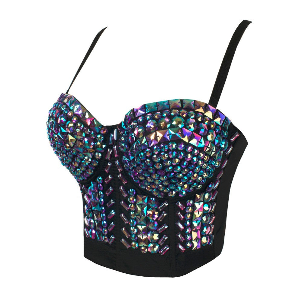 Unique Gold Purple Rhinestone Bustier Pearls Diamond Push Up Night Club Bralette - Sins & Temptations