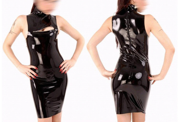 Black Sleeveless Pure Latex one-piece dress wet look rubber club wear - Sins & Temptations