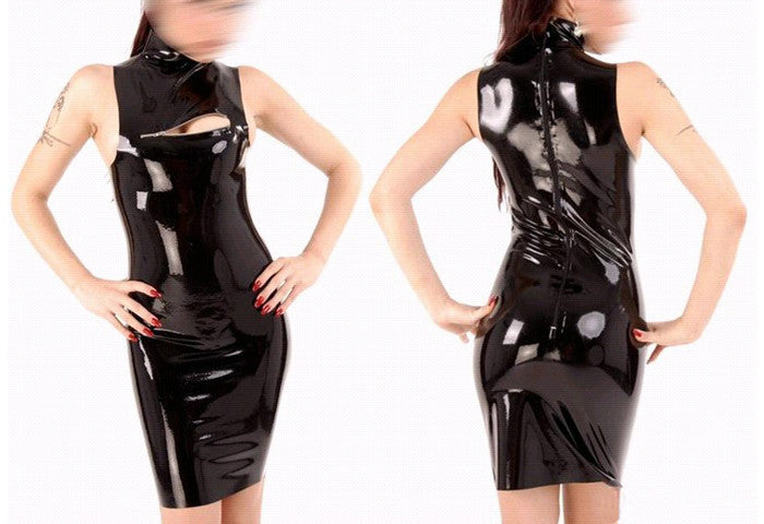 Black Sleeveless Pure Latex one-piece dress wet look rubber club wear - Sins & Temptations