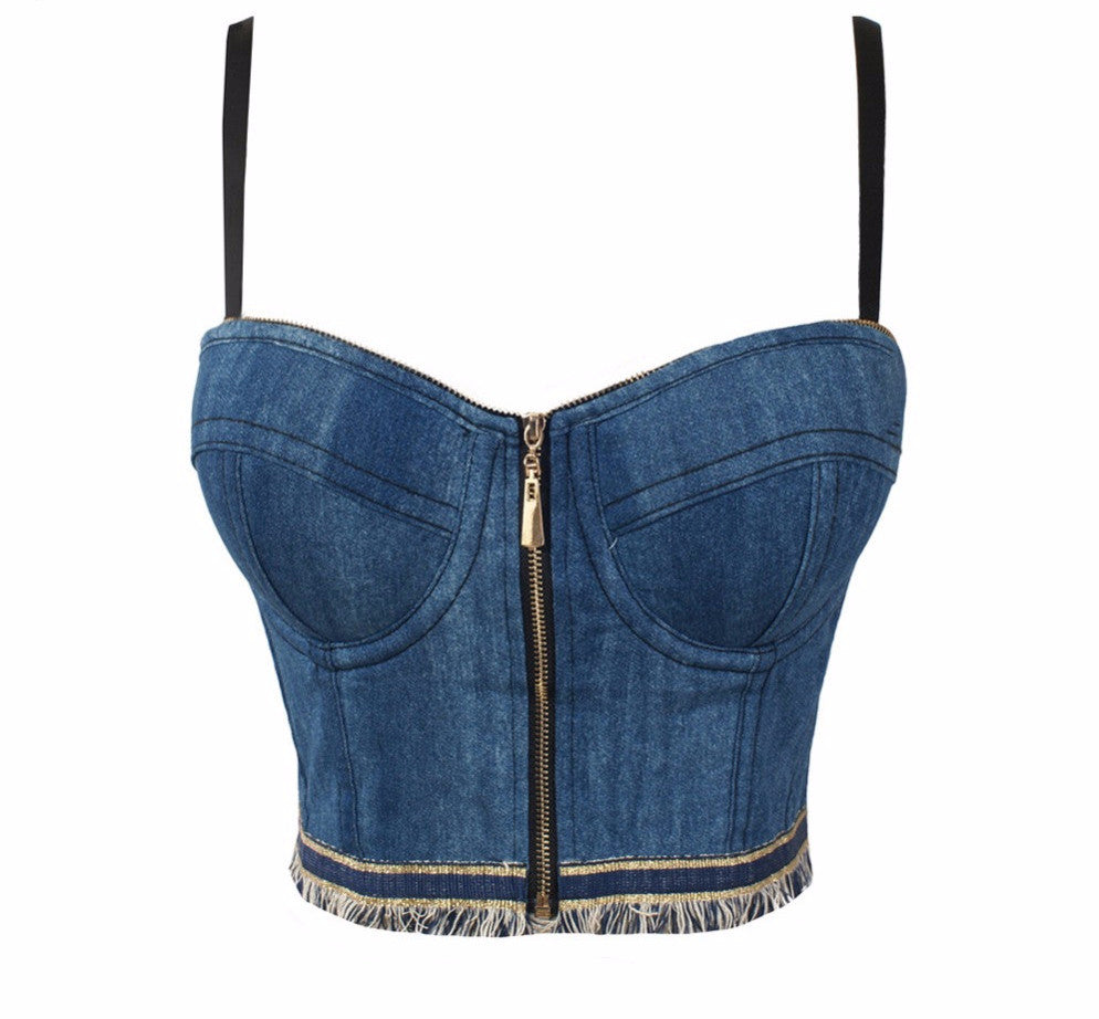 Jean Denim Tassels Zipper Push Up Bustier Women's Bralete Cropped Top - Sins & Temptations