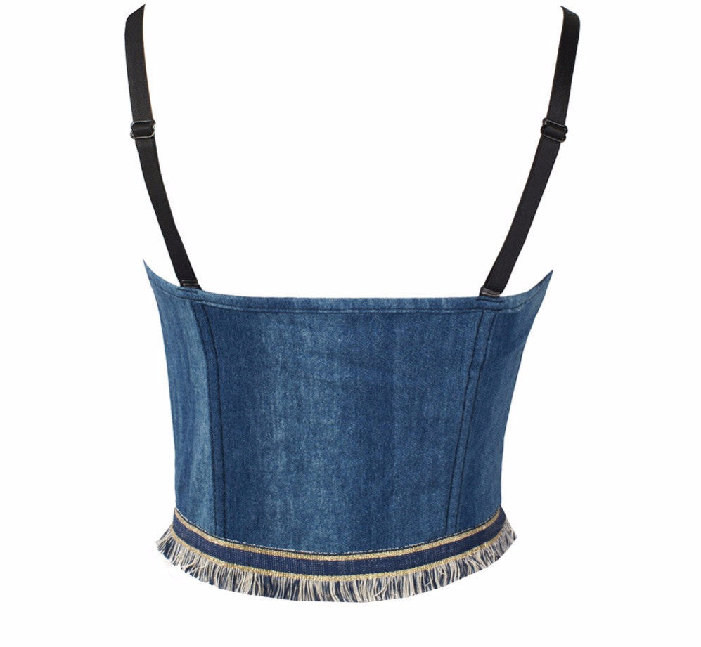 Jean Denim Tassels Zipper Push Up Bustier Women's Bralete Cropped Top - Sins & Temptations