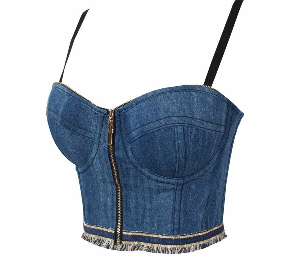 Jean Denim Tassels Zipper Push Up Bustier Women's Bralete Cropped Top - Sins & Temptations
