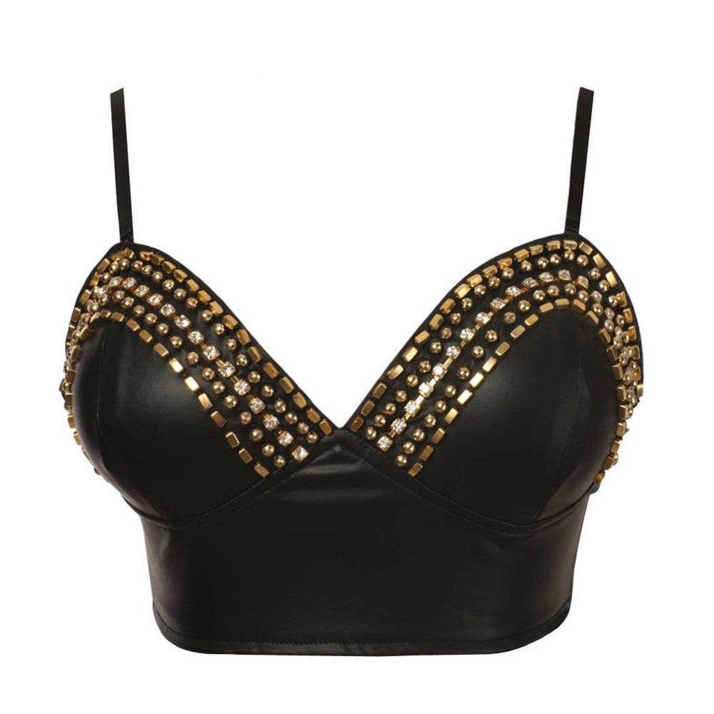 Deep V-neck Soft PU Rivets Diamonds Bralete Bustier Bra - Sins & Temptations