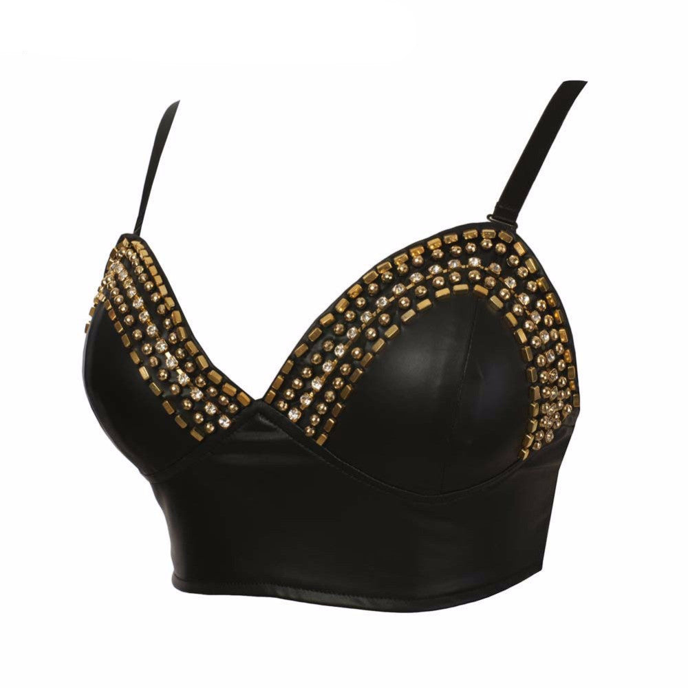 Deep V-neck Soft PU Rivets Diamonds Bralete Bustier Bra - Sins & Temptations