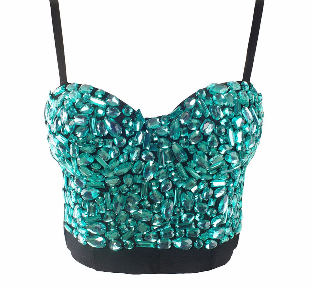Hand-made Beaded Rhinestone Bustier Pearls Push Up Night Club Bralette - Sins & Temptations