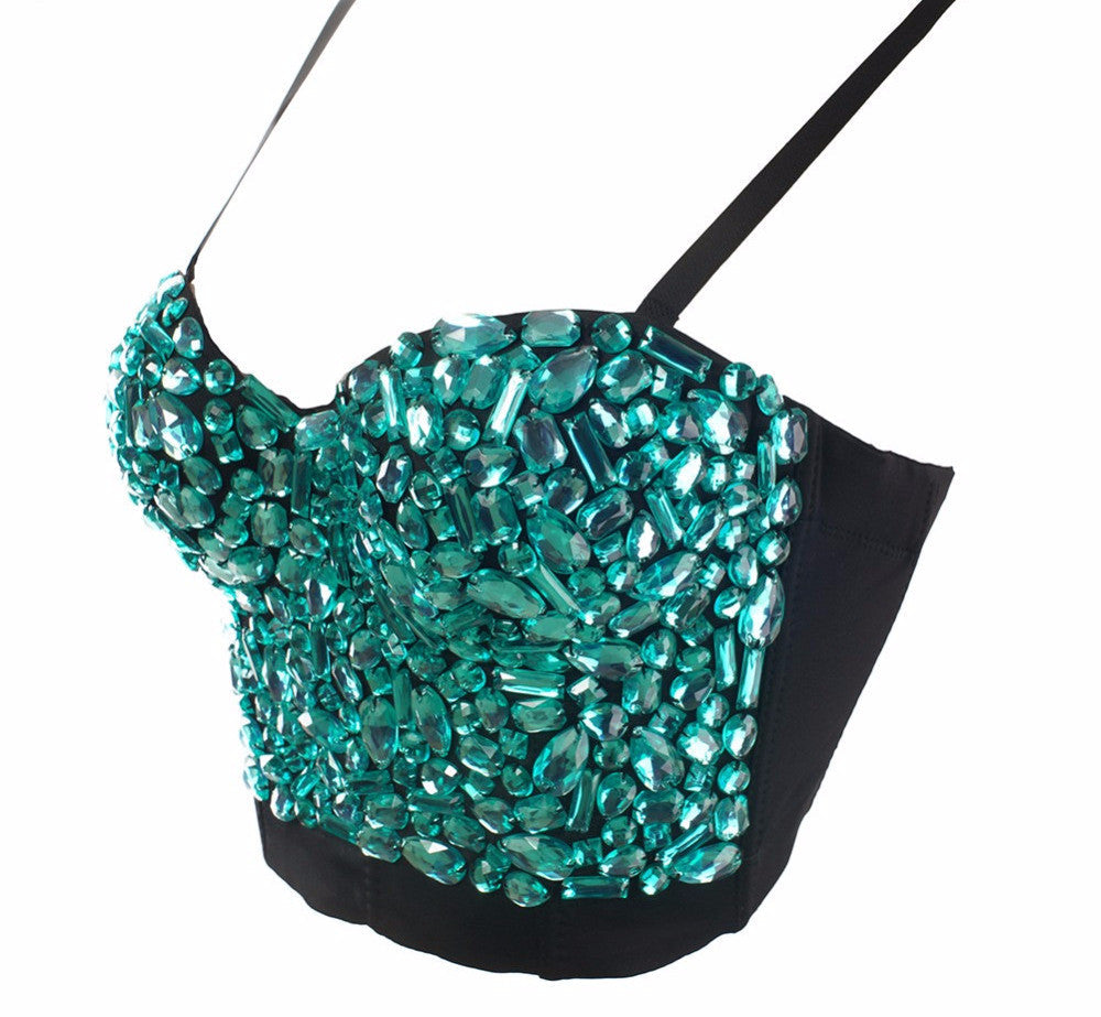 Hand-made Beaded Rhinestone Bustier Pearls Push Up Night Club Bralette - Sins & Temptations