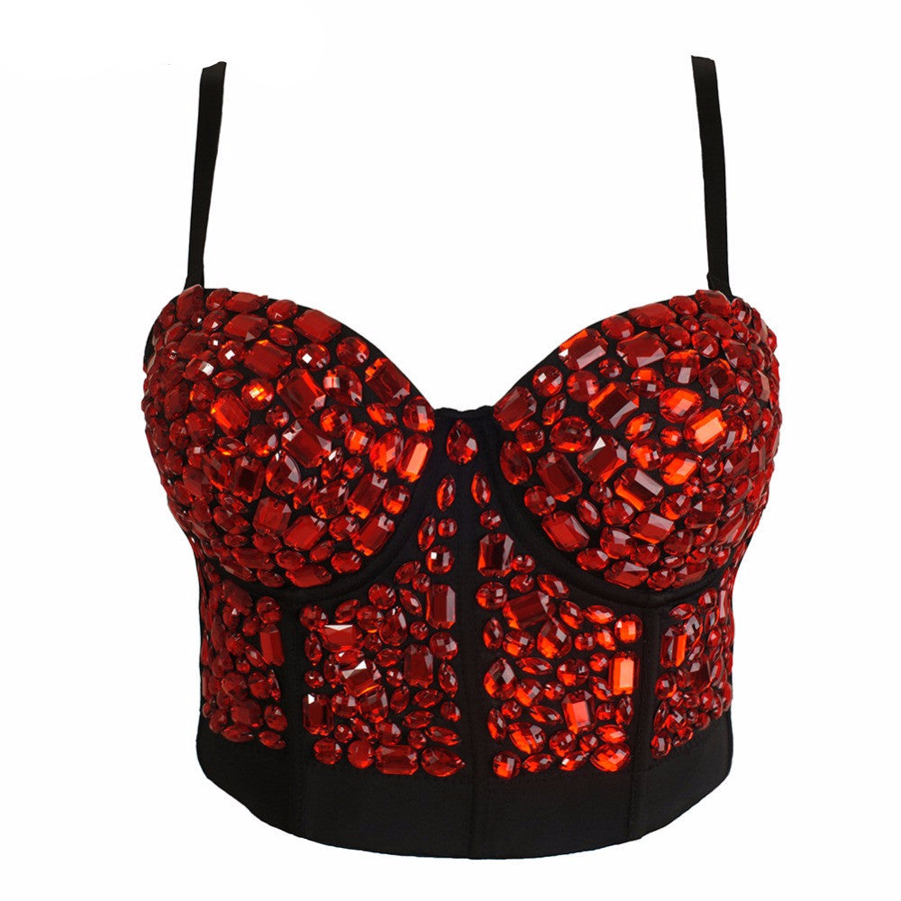 Custom Made Red Rhinestone Hand-made Pearls Bralete Bustier Bra Cropped Top - Sins & Temptations