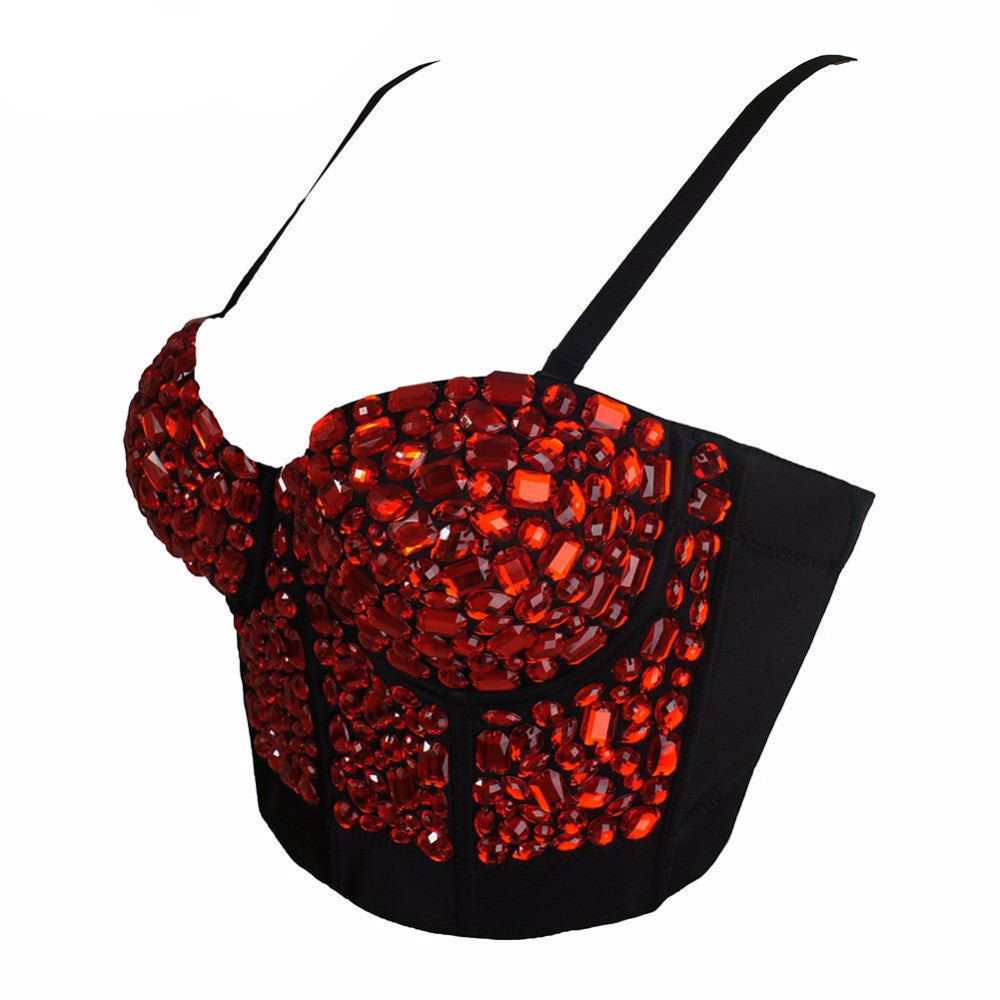 Custom Made Red Rhinestone Hand-made Pearls Bralete Bustier Bra Cropped Top - Sins & Temptations