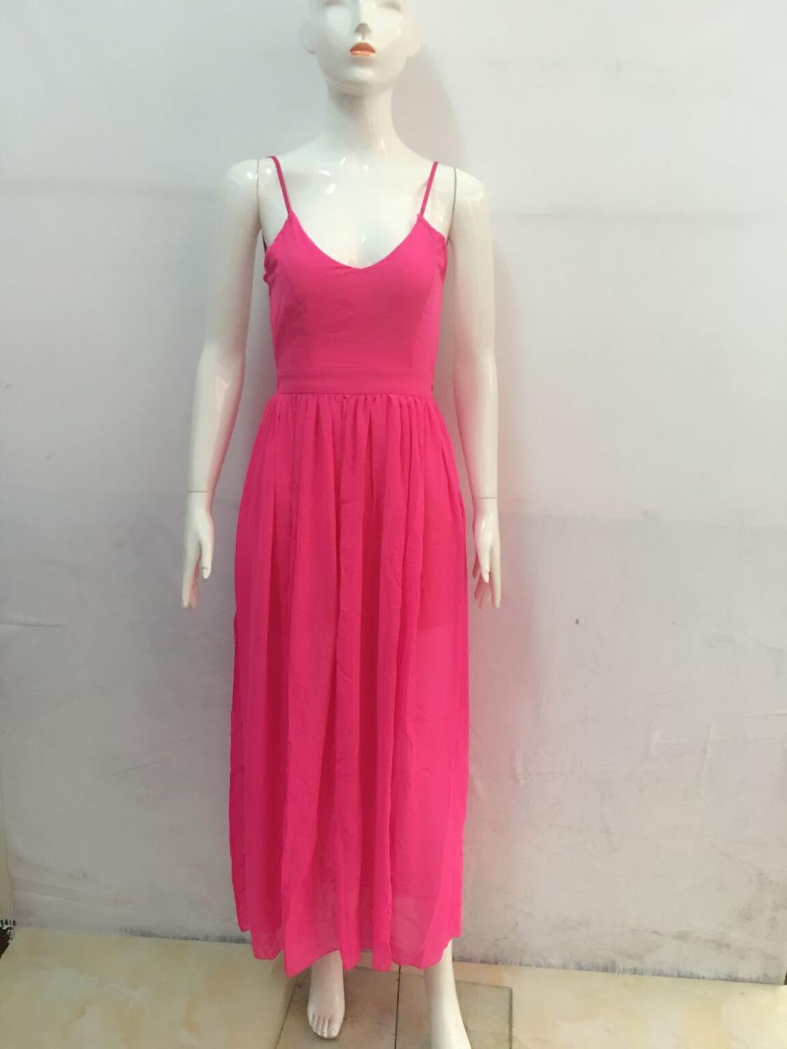 Open Back V Neck Neon Pink Maxi Dress Slit Design - Sins & Temptations