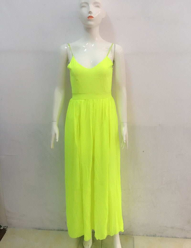 Open Back V Neck Neon Pink Maxi Dress Slit Design - Sins & Temptations