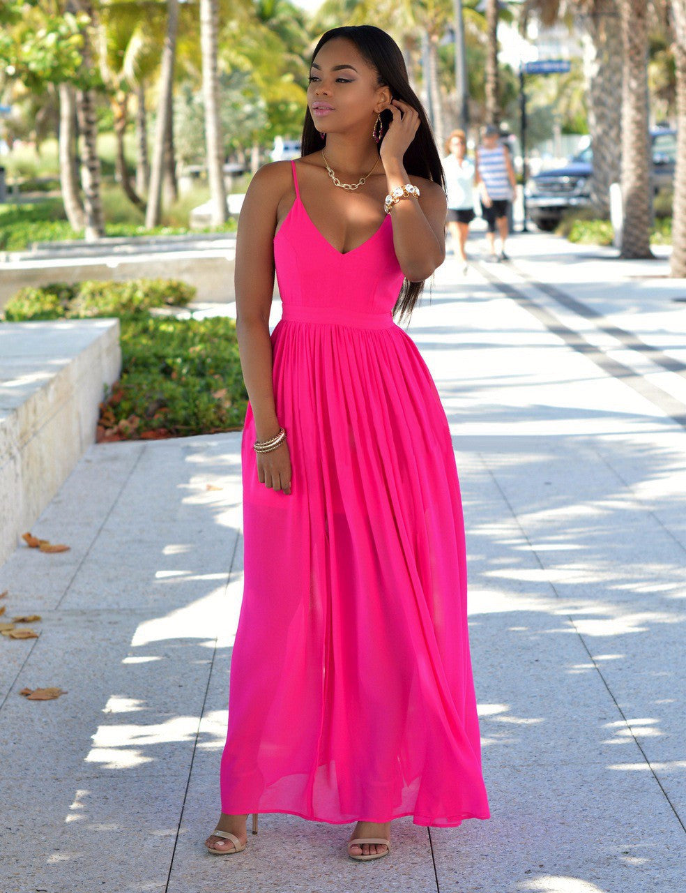 Open Back V Neck Neon Pink Maxi Dress Slit Design - Sins & Temptations