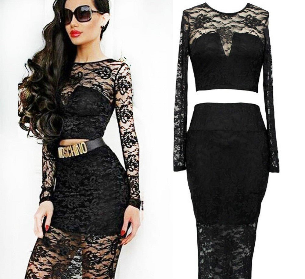 Full length Top Woman Transparent Lace Dress Celebrity 2 piece Set - Sins & Temptations