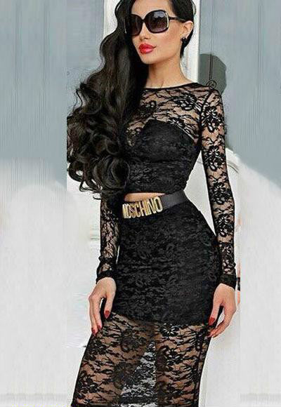 Full length Top Woman Transparent Lace Dress Celebrity 2 piece Set - Sins & Temptations