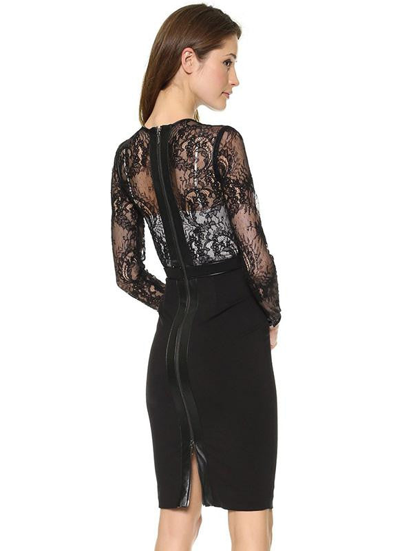 New Fashion Black Lace Sleeve Patchwork Bodycon Dress - Sins & Temptations