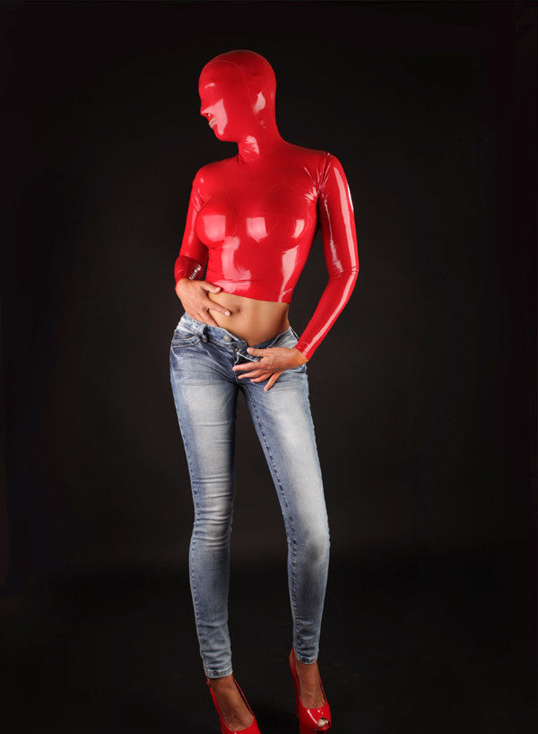 Pure Latex Sexy Costume Hood for Women Latex Zentai Long Sleeves Tops Shirt Red Latex Suit - Sins & Temptations