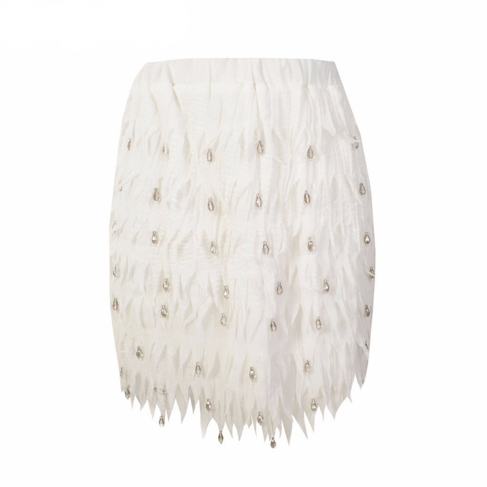 Chiffon Feather Shape High-end Diamond Bead Women's Party Wedding Straight Mini Skirt - Sins & Temptations