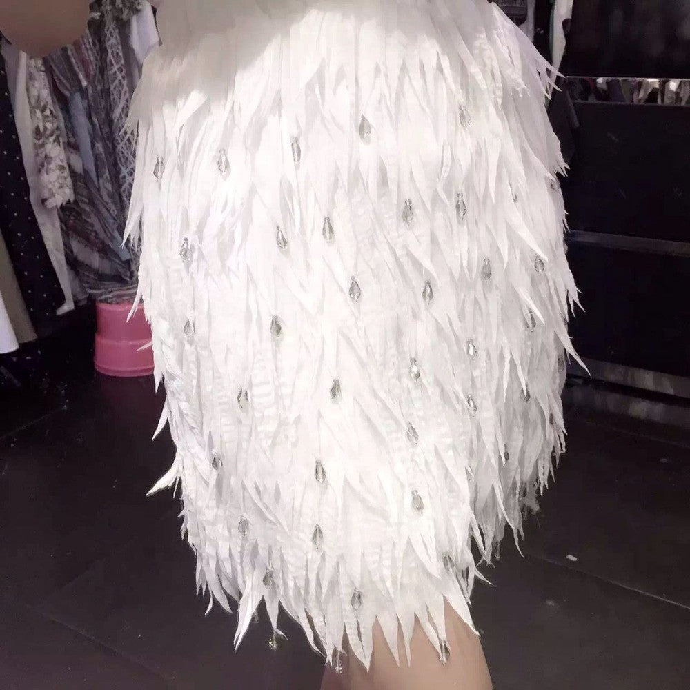 Chiffon Feather Shape High-end Diamond Bead Women's Party Wedding Straight Mini Skirt - Sins & Temptations