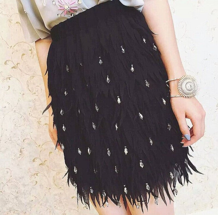 Chiffon Feather Shape High-end Diamond Bead Women's Party Wedding Straight Mini Skirt - Sins & Temptations