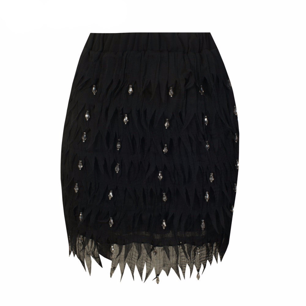 Chiffon Feather Shape High-end Diamond Bead Women's Party Wedding Straight Mini Skirt - Sins & Temptations