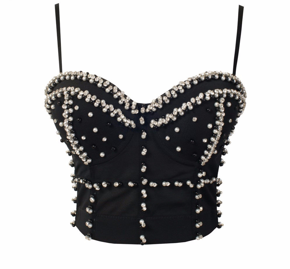 Gorgeous Jewel Pearls Diamond Mesh Breath Push Up Bralete Bustier Bra Cropped Top - Sins & Temptations