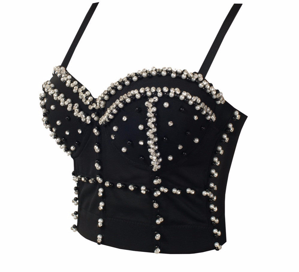 Gorgeous Jewel Pearls Diamond Mesh Breath Push Up Bralete Bustier Bra Cropped Top - Sins & Temptations