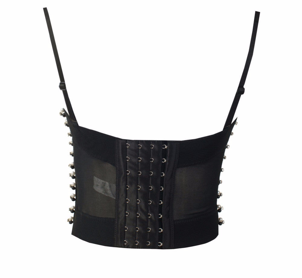 Gorgeous Jewel Pearls Diamond Mesh Breath Push Up Bralete Bustier Bra Cropped Top - Sins & Temptations