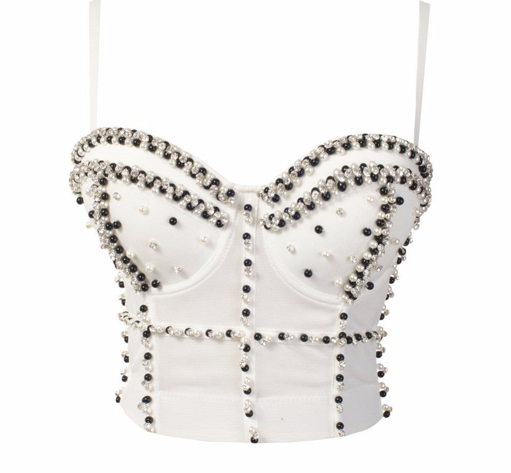 Gorgeous Jewel Pearls Diamond Mesh Breath Push Up Bralete Bustier Bra Cropped Top - Sins & Temptations