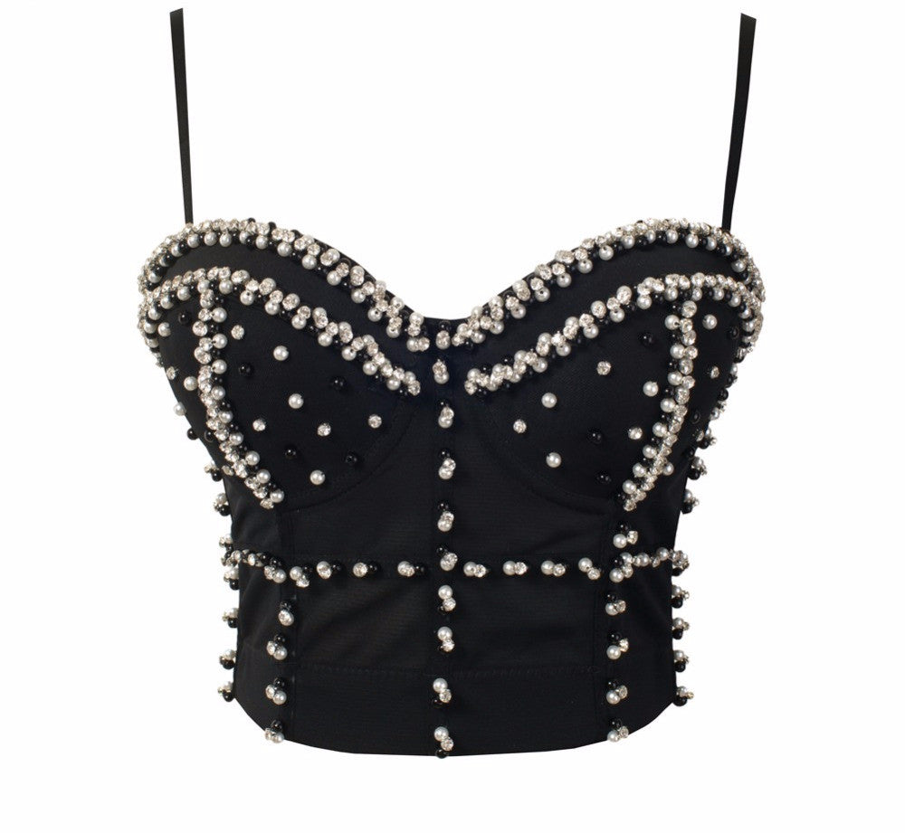 Gorgeous Jewel Pearls Diamond Mesh Breath Push Up Bralete Bustier Bra Cropped Top - Sins & Temptations