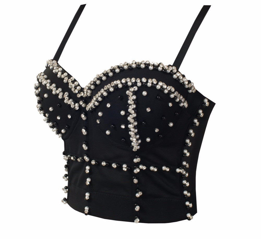 Gorgeous Jewel Pearls Diamond Mesh Breath Push Up Bralete Bustier Bra Cropped Top - Sins & Temptations