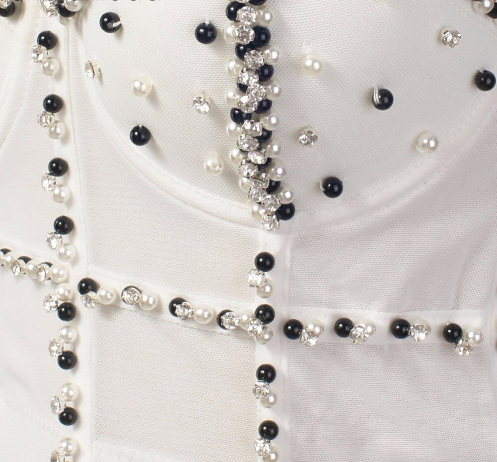 Gorgeous Jewel Pearls Diamond Mesh Breath Push Up Bralete Bustier Bra Cropped Top - Sins & Temptations