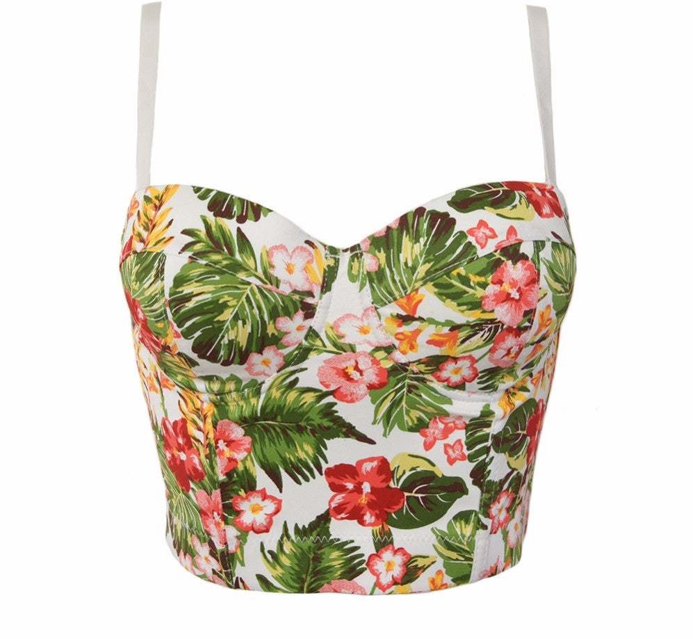 Summer Palm & Floral Print Back Zipper Push Up Bralete Bustier Bra Cropped Top - Sins & Temptations