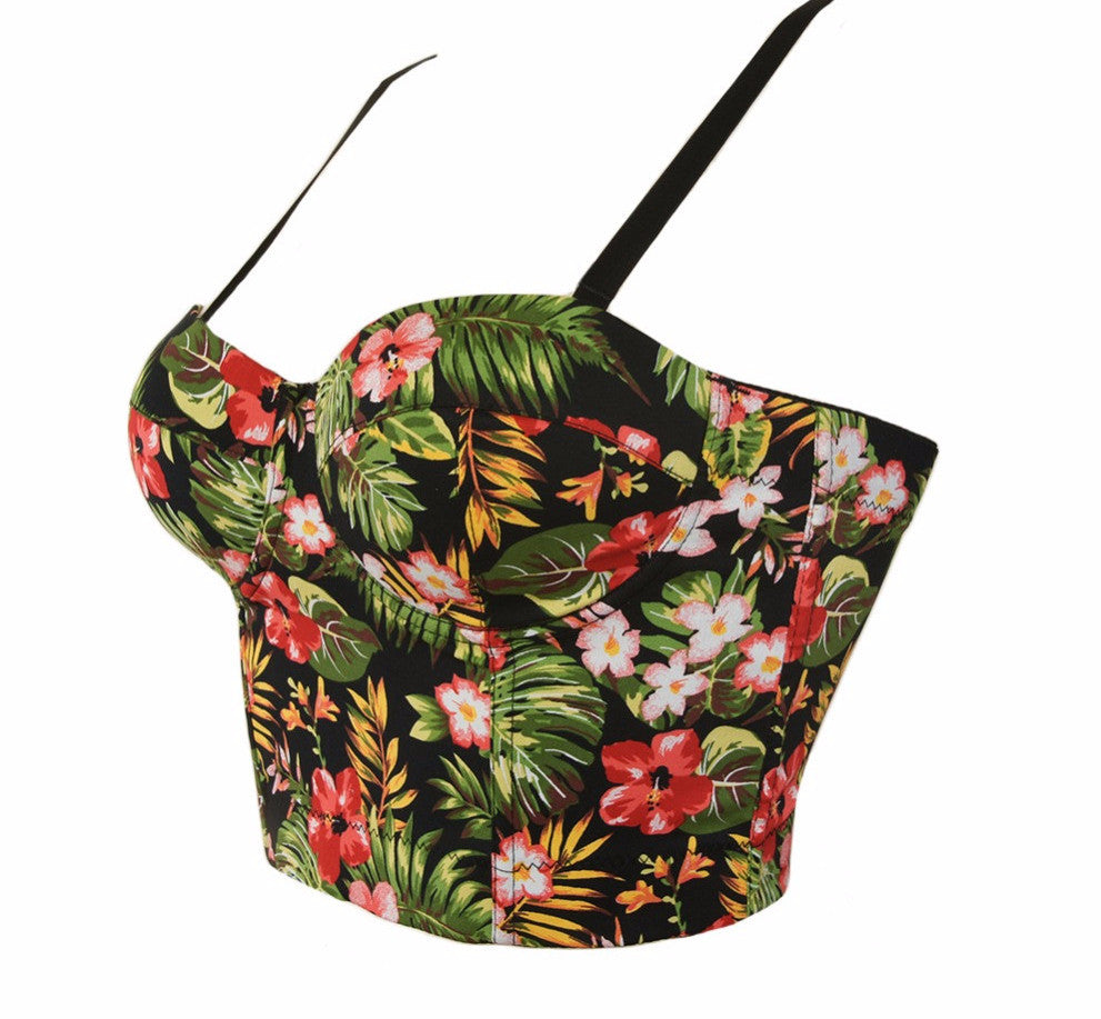 Summer Palm & Floral Print Back Zipper Push Up Bralete Bustier Bra Cropped Top - Sins & Temptations