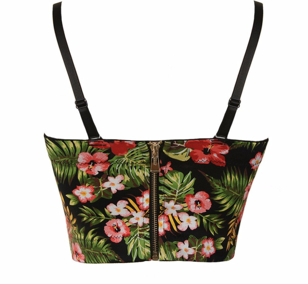 Summer Palm & Floral Print Back Zipper Push Up Bralete Bustier Bra Cropped Top - Sins & Temptations