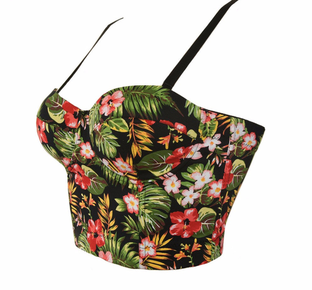 Summer Palm & Floral Print Back Zipper Push Up Bralete Bustier Bra Cropped Top - Sins & Temptations
