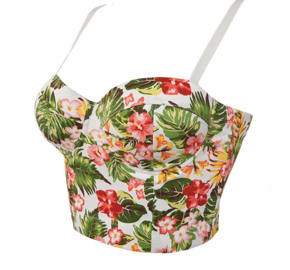 Summer Palm & Floral Print Back Zipper Push Up Bralete Bustier Bra Cropped Top - Sins & Temptations