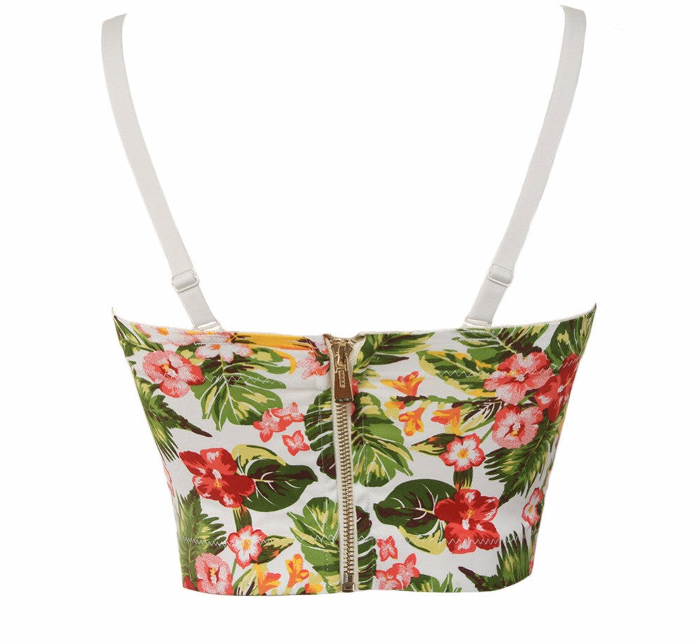 Summer Palm & Floral Print Back Zipper Push Up Bralete Bustier Bra Cropped Top - Sins & Temptations