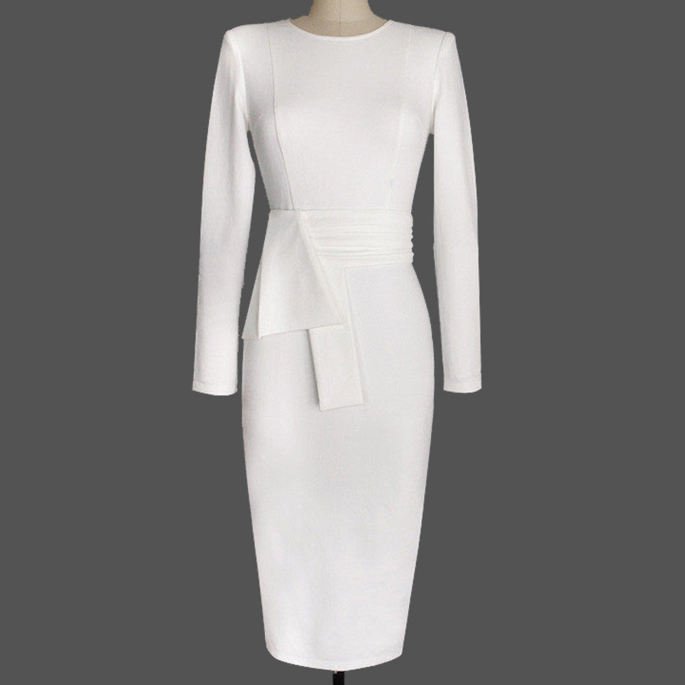 New White Work Wear Dress Business Party Evening Slim Long Sleeve O Neck Pencil Midi Dress - Sins & Temptations