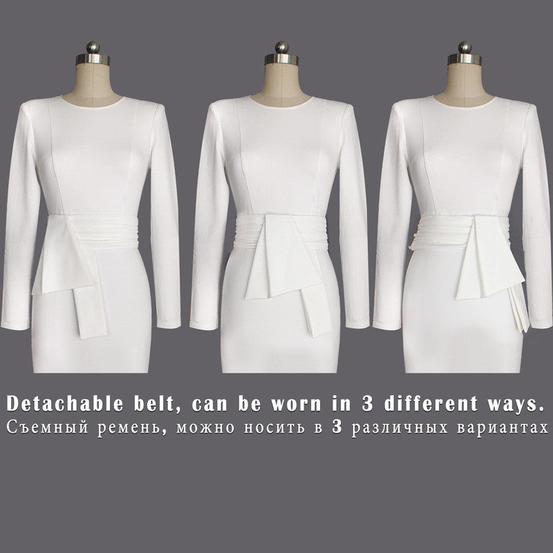 New White Work Wear Dress Business Party Evening Slim Long Sleeve O Neck Pencil Midi Dress - Sins & Temptations